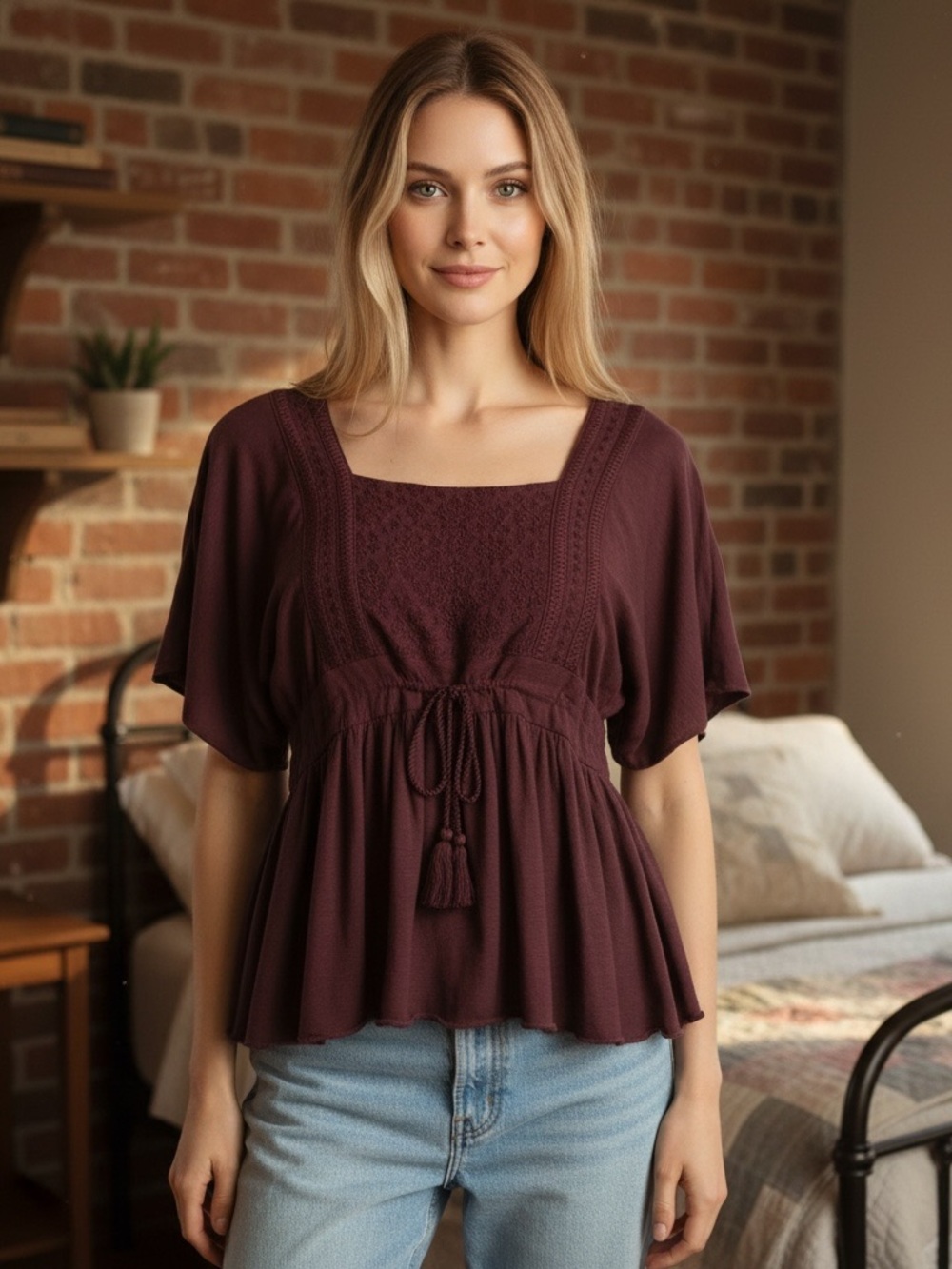 Lucky Brand Plum Tie Front Boho Top